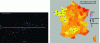 Figure 15 - Moran Scatter plot (diabetes in France, 1997). The yellow and red points on the graph correspond to statistically significant situations (risk α at 5% in yellow and at 1% in red); the other points (in purple) are not statistically significant. On the map, blue points are cold points (low values surrounded by low values) and red points are hot points (high values surrounded by high values). Non-significant points are represented by a diamond.